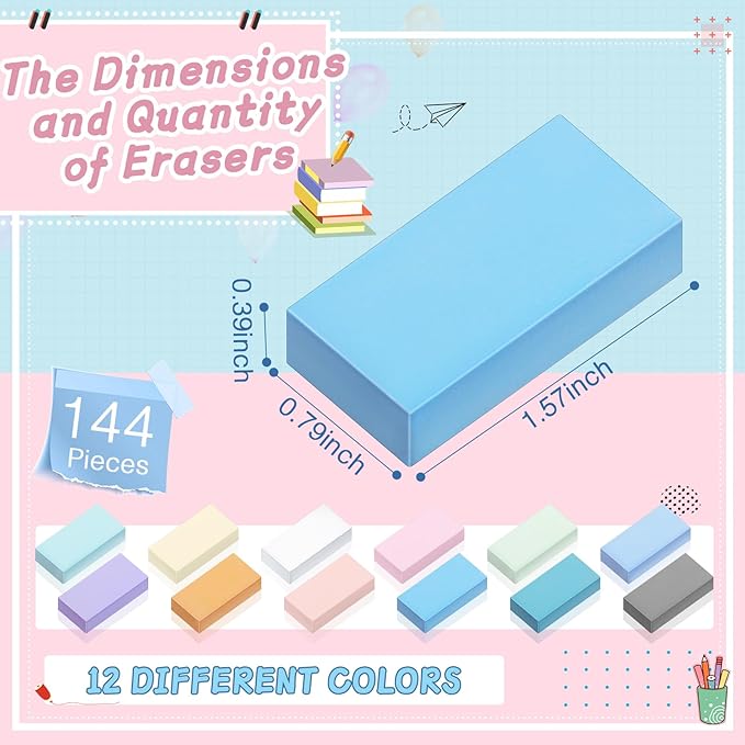 144 Pcs Bulk Erasers for Kids Pencil Erasers First Day of School Gifts for Student Pastel Colors Neon Colors Cute Party Favor for Classroom Art Office, Back-to-school Supplies(Stylish Color)