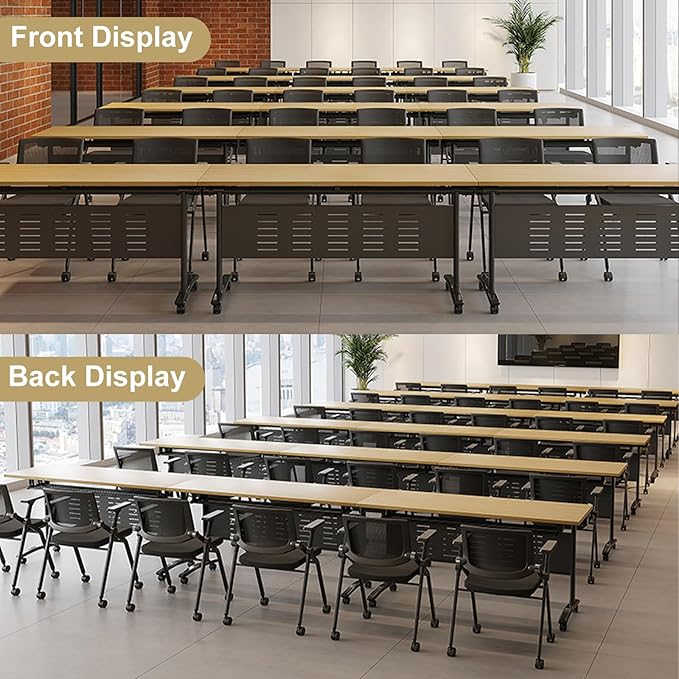 Folding Conference Table, Maple Brown Folding Conference Room Table with One-Touch Fold Button & 360° Swivel Casters, Space-Saving Mobile Meeting Table for Offices, Training Rooms(4PCS)