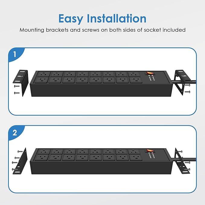 JUNNUJ Heavy Duty 20 Amp Power Strip 4800J, 16 Outlets 12 Gauge Garage Industrial Surge Protector, High Amp 5-15P Adapter Shop 6-20R T-Slot Metal Outlet, 15 FT Extension Cord Commercial for Appliance