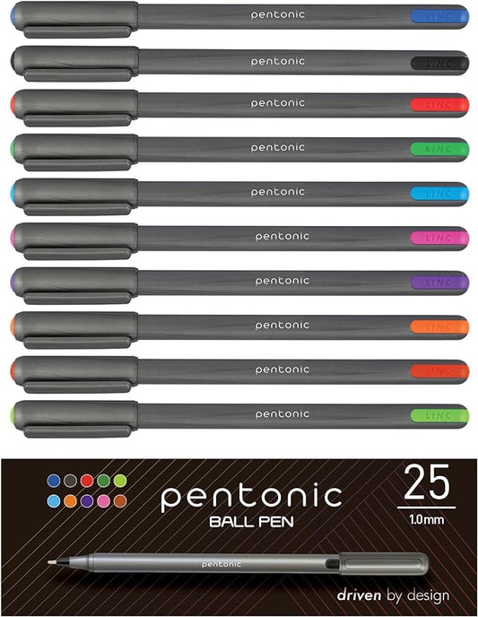 Pentonic Ballpoint Pens, 25 Count, 10 Assorted Ink Colors, 1.0 mm Medium Point, Smooth Writing For Journaling & Note Taking (PEN12127)
