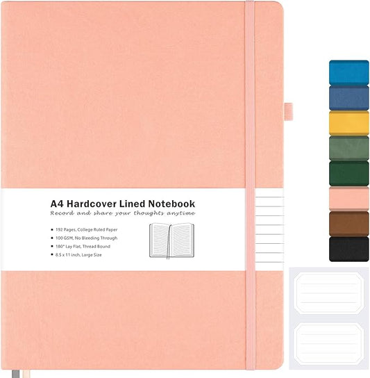 College Ruled Notebook, A4 Hardcover Leather Notebook for Work, Lined Notebook Journal for Women, Men, 192 Thick Paper, 8.5" x 11", Large Notebook with Pockets, Professional Business Notebook, Pink