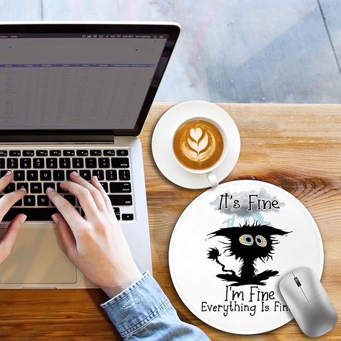 Black Cat Round Mouse Pad, Funny Small Mouse Pad with Non-Slip Rubber Base, Stitched Edge Mousepad for Desk Wireless Mouse, Gaming Mouse Mat for Computer Laptop Home Office Women, 8.6 x 8.6 Inch