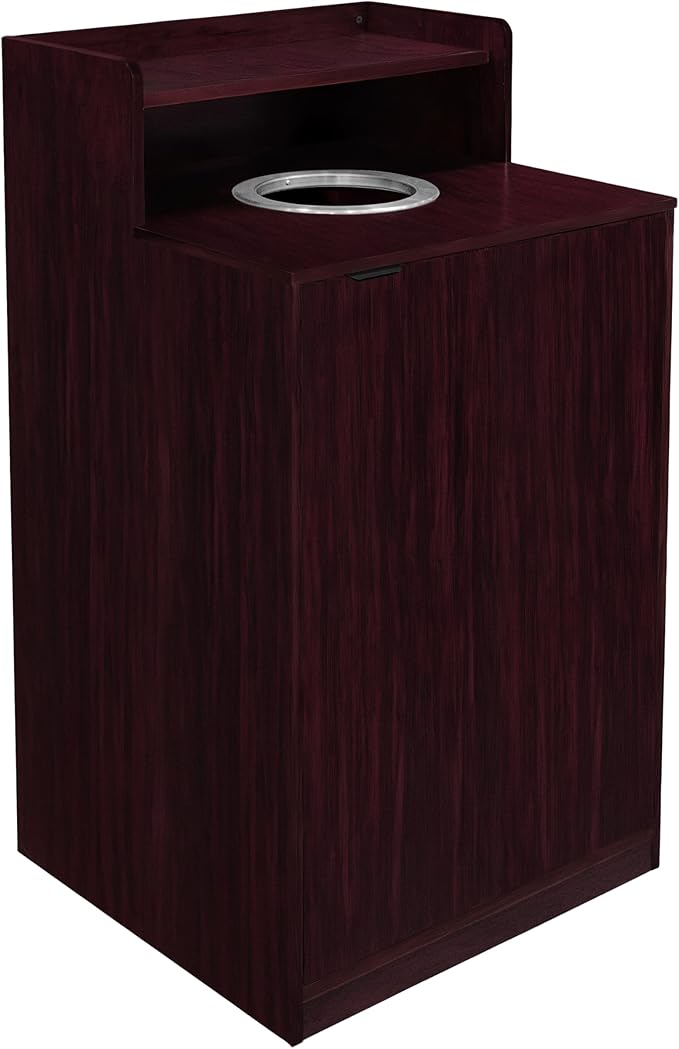 Flash Furniture Dell Trash Can Enclosure with Tray Shelf and 8" Drop Hole, Commercial Grade Trash Receptacle for 32 Gallon Round Cans, Swing Door Access, Mahogany