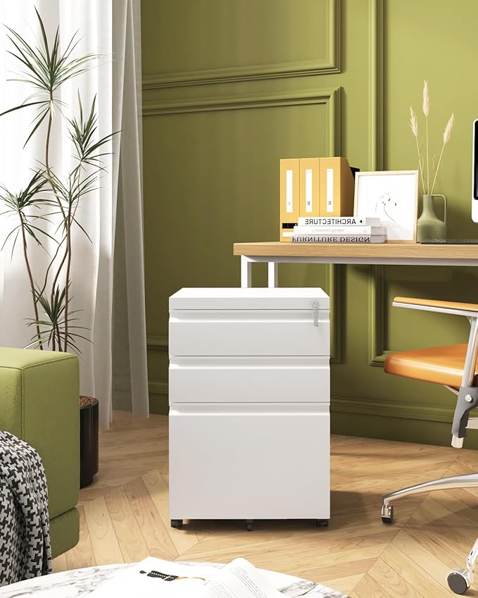 Mobile File Cabinet for Home Office, Lockable 3 Drawer Filing Cabinet with Wheels for A4-Size/Letter-Size/Legal-Size, Fully Assembled Except Casters, White