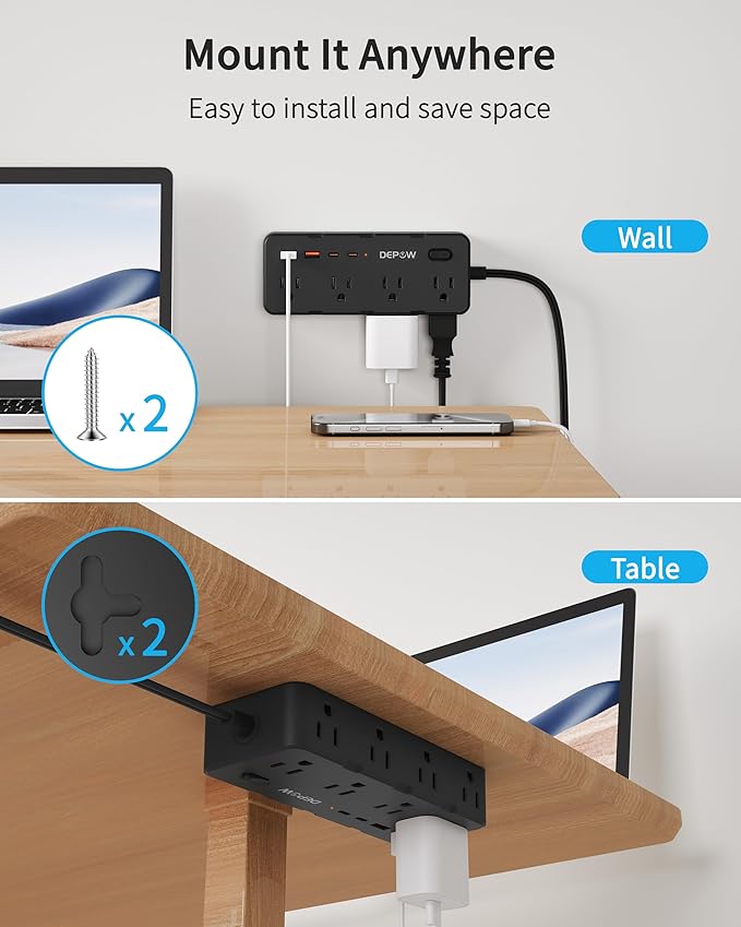 Black 2 Prong Power Strip, 2 to 3 Prong Outlet Adapter with 8 AC & 4 USB Ports (2 USB C), 6 FT Extension Cord, 1700J Two Prong Surge Protector, Wall Mountable, Ideal for Old House
