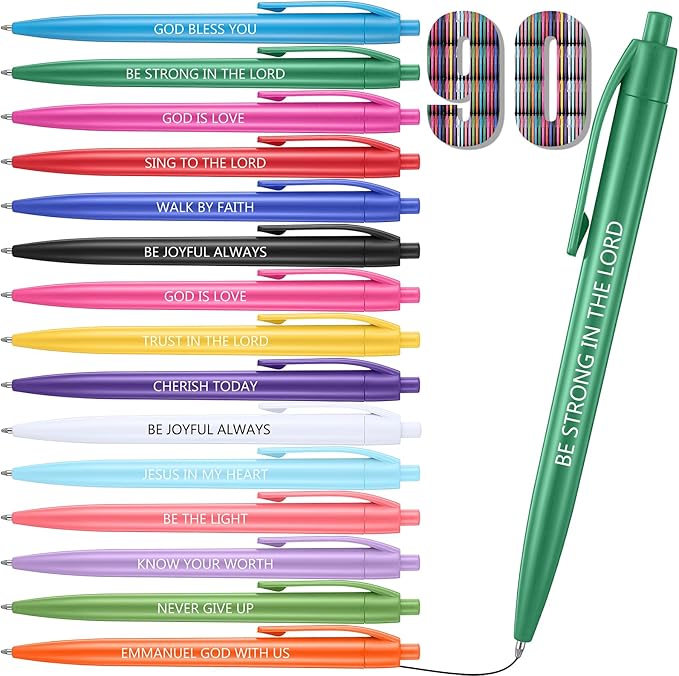 90 Pcs Ballpoint Bible Pen Inspirational Scripture Quotes Black Gel Ink Pens Bulk Religious Retractable Rolling Ballpoint Pens for Party Favors Back to School Gift Supplies (Christian)