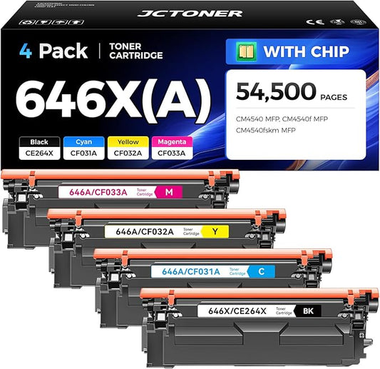 646X 646A Toner Cartridge Set 4-Pack High Yield Replacement for 646X 646A CE264X CF031A CF032A CF033A Compatible with HP Color Laserjet Enterprise CM4540 MFP CM4540f MFP CM4540fskm Printer Ink Copier