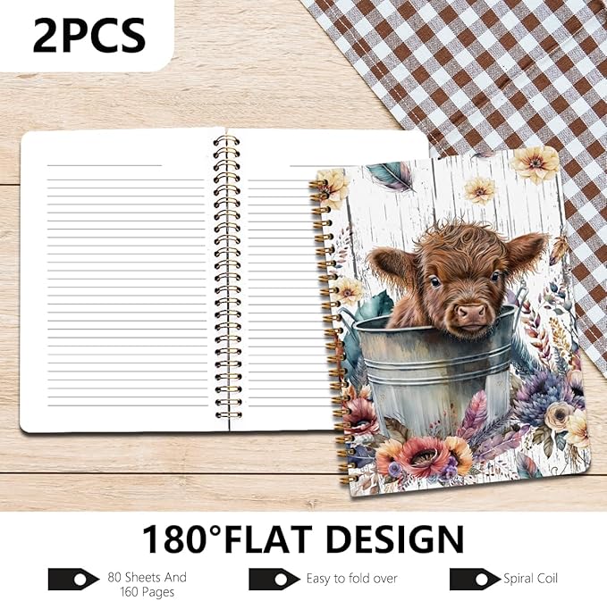 2Pcs Spiral Notebook, Cow College Ruled Spiral Notebook, Cow Print Stuff 160 Pages Hardcover Notebooks Journals for Writing Travel Business Office, Funny Aesthetic Notebooks for Women