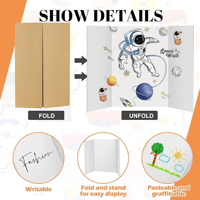 4 Pcs Trifold Display Board 36"x 48" Large White Presentation Board with Board Headers 4 Science Subtitles 32 Black Edge Self Adhesive Paper Poster Board for School Projects and Business Presentations