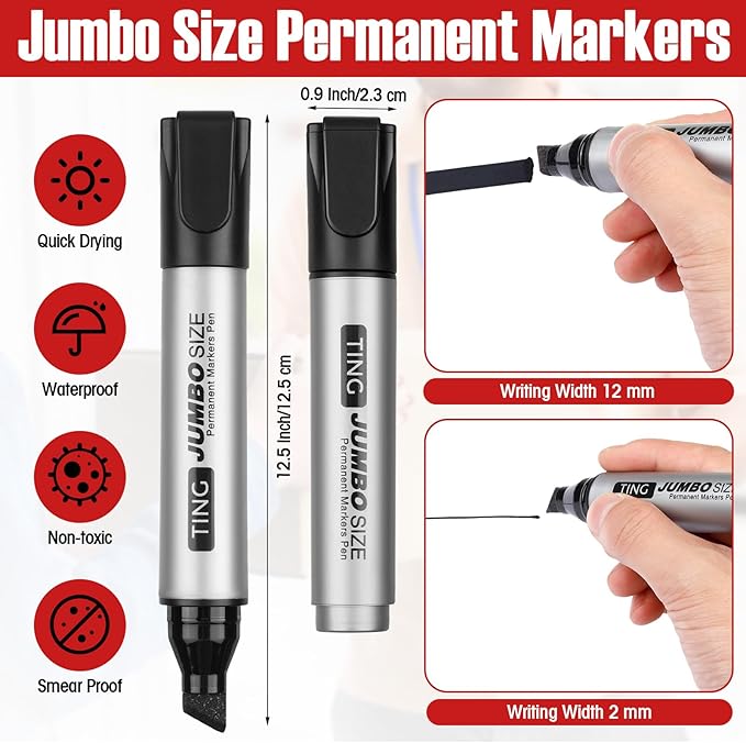 Fuutreo 32 Pcs Jumbo Permanent Markers Bulk Large Chisel Tip Permanent Markers Waterproof Jumbo Pens Quick Drying Office Teacher Supplies(Black)