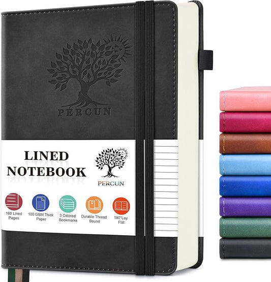 PERCUN Lined Journal Notebook for Men & Women, 160 Pages College Ruled Journal for Writing, A5 Hardcover Leather Notebooks for Work, School, Business, Travel, Daily Diary 5.9" x 8.5" - Black