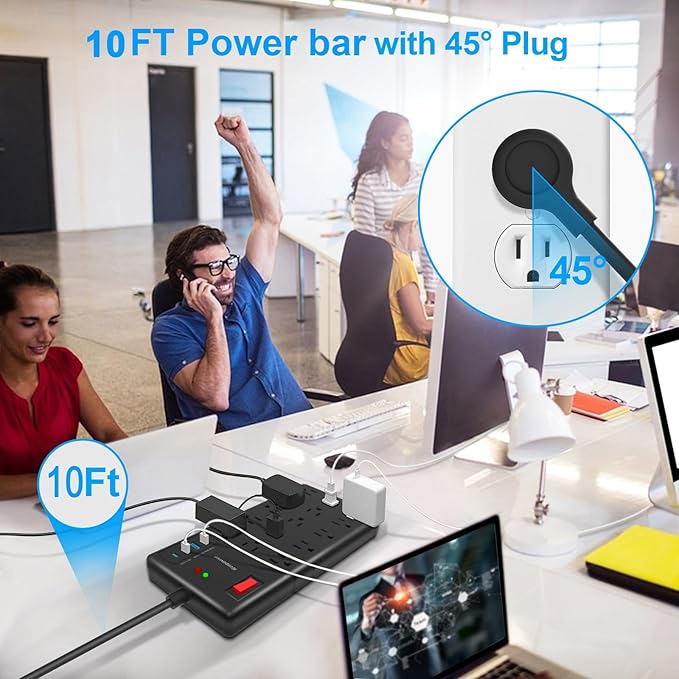 Surge Protector Power Strip 10 ft cord-15 Widely Spaced Outlets and 4 USB Ports(1 USB C Port),14 AWG Extension Cord,1875W/15A Heavy Duty Power Strip Surge Protector 10 ft Cord,2800J,Black