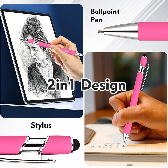 12 PCS 2 in 1 Stylus Ballpoint Pen with Stylus Tip, 1.0 mm Black Ink Metal Pen Stylus Pen for Touch Screens (Silver & Pink)
