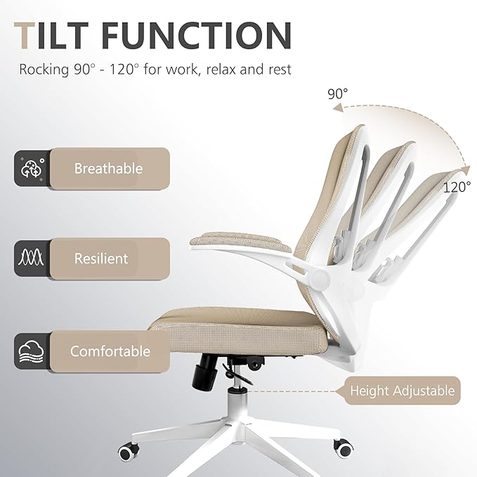 Office Chair, Ergonomic High Back Comfy Desk Chairs and Flip-up Armrest Lumbar, Swivel Tilt Function Backrest Computer Chair,PU Rolling Wheels Capacity 350LBS (Khaki)