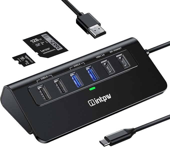 USB C Hub, INTPW 9-in-1 USB C to HDMI Adapter with 4K HDMI, PD 100W, USB-C and 2 USB A 3.0 5Gbps, 2 USB A 2.0, SD/TF Slots for MacBook Pro/Air, iPad Pro, iPhone 15/16 Series and Other Type C Devices