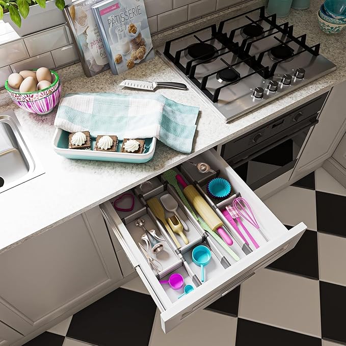 Practical Comfort Aluminum Drawer Organizer for Kitchen Utensils Silverware Flatware 9 Dividers Set | MEDIUM | UPGRADED VERSION