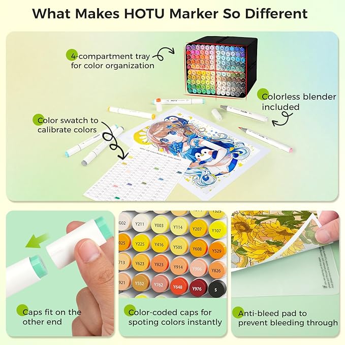 Alcohol Markers Brush Tip-120 Colors Dual Tip Brush & Chisel Art Marker Set for Artist Coloring Illustration with Line Art for Coloring, Colorless Blender, Swatch Card, Anti-bleed Pad