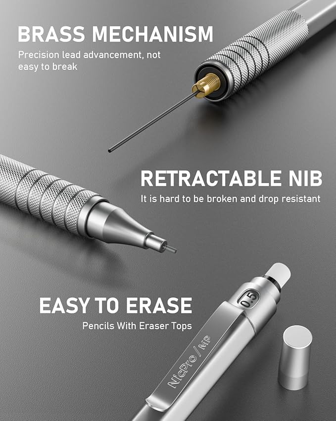 Nicpro 2 PCS Mechanical Pencils 0.5mm & 0.7 mm with Case, MP1000 Metal Artist Pencil Set with 6 Tubes HB Lead Refills, 3 Erasers, 9 Eraser Refills For Art Writing Drafting Drawing, Black & Silver
