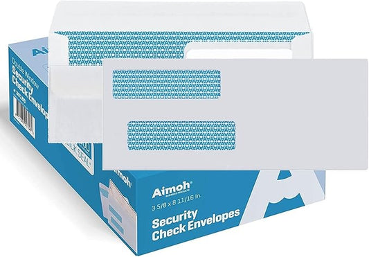 Aimoh #8 Double Window Flip & Seal Security Check Envelopes 500 Qty, Fits Business QuickBooks Checks Perfectly - Not for Invoices, Size 3 ⅝ x 8 ¹¹⁄₁₆ Inches (30108)