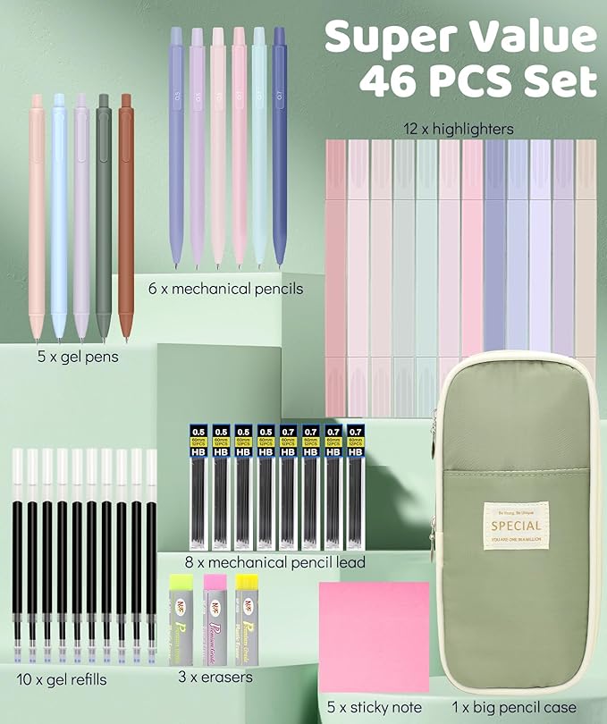 46 PCS Aesthetic School Supplies with Pencil Case, Pastel Highlighters, Erasable Pens, Refills, Mechanical Pencils for Students Stationary College Essentials