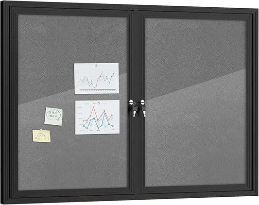 48"x34" Enclosed Bulletin Board, Outdoor Lockable Weather-Resistant Aluminum Cork Noticeboard for School & Office, Black Frame w/Grey Flet
