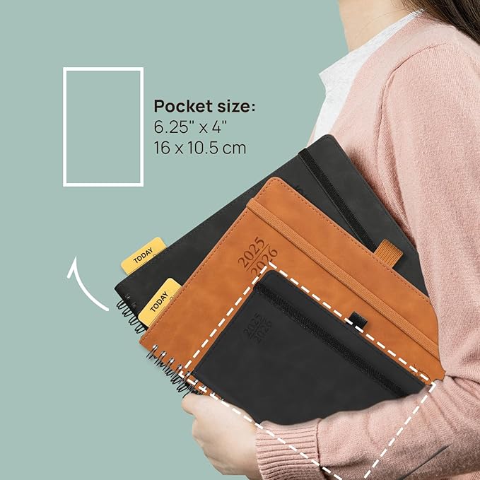 POPRUN Planner 2025-2026 Weekly Notebook for Purse(Pocket Size 4''x 6.25'') Small Academic Calendar (JUL.25 - JUN.26) with Monthly Tabs, Leather Soft Cover, Inner Pocket, 100 GSM - Brown