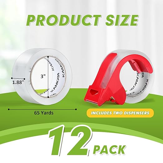 KAMOTA Packing Tape, 12 Rolls Heavy Duty Clear Packaging Tape for Shipping Packaging Moving Sealing, 1.88 inches Wide, 65 Yards Per Roll, Total 780 Yards with 2 Dispensers