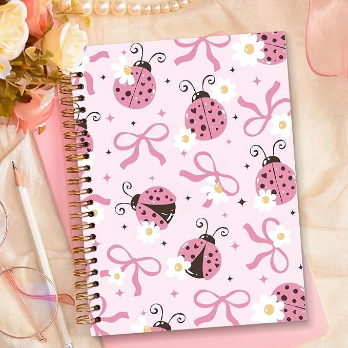 JXREQ Coquette Pink Bow Ladybug Floral Notebook Journal for Women Note Taking Study Writing, Preppy School Supplies, Pink Preppy Floral Spiral Notebooks 5.5x8.3