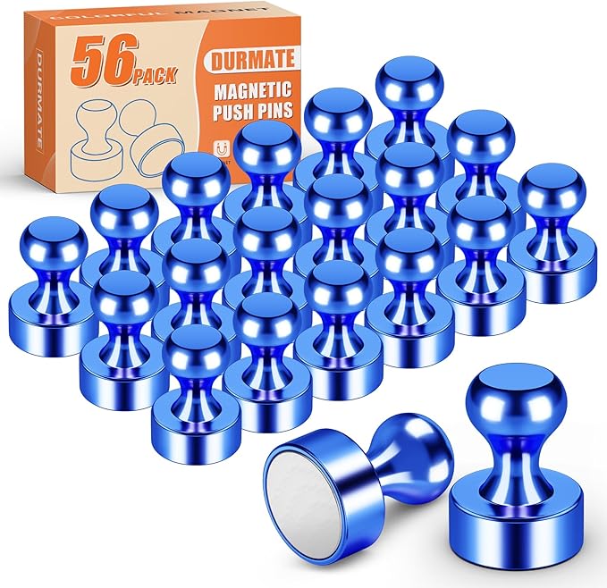 Circle Whiteboard Magnets for Fridge, Tiny Cute Refrigerator Magnets Strong, Magnetic Push Pins for Bulletin Board, Desk Accessories, Kitchen Decor, Crafts, 56 Pack, Blue Metal