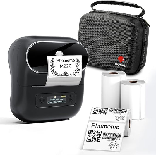 Phomemo Label Maker, M220 Thermal Label Printer, 80mm Portable Bluetooth Barcode Printer Compatible with Andriod/iOS for Home, Office, Small Business, with 3 Packs Label & Case