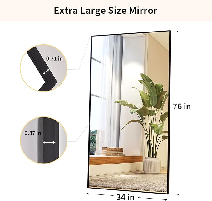 34"x76" Full Length Mirror with Stand, Large Rectangular Floor Mirror for Bedroom, Living Room or Closet, Wall-Mounted or Freestanding, Black Aluminum Alloy Frame