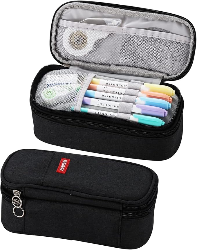 Dugio Big Pencil Case for Boys Organizer Pencil Bag with Zipper Pencil Pouch for School Teens Kids Aesthetic Large Pencil Pouch Black