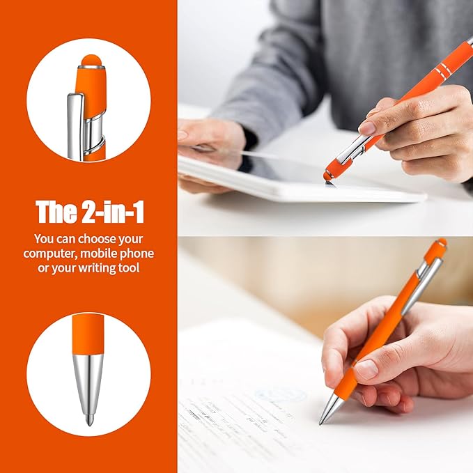 8 Pieces Ballpoint Pen with Stylus Tip Black Ink 2 in 1 Stylus Metal 1.0 mm Medium Point Smooth Pen Rainbow Colorful Rubberized Ballpoint for Touch Screen Tablet(Orange)