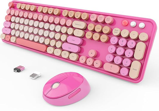 Wireless Keyboard and Mouse Combo, Ergonomic Full Size Typewriter Retro Round Keycaps Keyboard, Compatible with Windows, PC, Perfer for Home and Office Keyboards （Red）