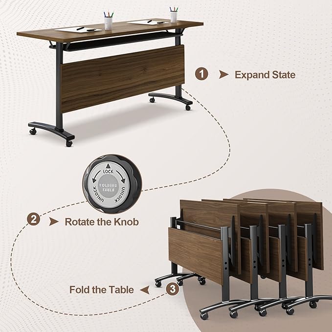 Folding Conference Room Table, Modern Conference Tables with Wheels, Large Rectangular Mobile Training Tables for Office Classroom, Foldable Modular Boardroom Seminar Table Walnut (6pack L47.2in)