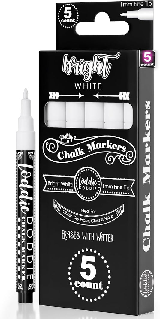 Loddie Doddie Fine Liquid Chalk Markers for Chalkboard - 5 Count Erasable Low-Odor White Chalkboard Markers with Fine Tip - White Chalk Pens - Erasable Pens