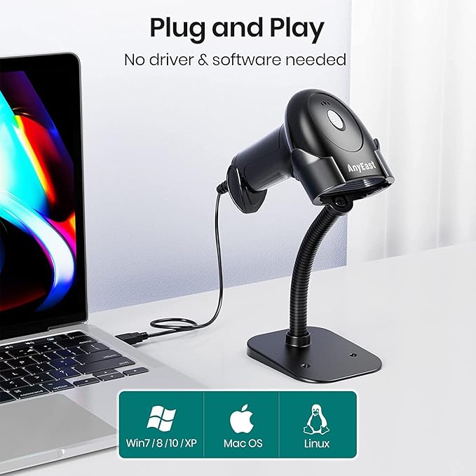 Barcode Scanner with Stand, USB Wired Inventory 2D 1D QR Code Scanner for Computer POS MAC with Automatic Screen Scanning, Handheld CMOS Image Bar Code Reader for Warehouse Library Supermarket