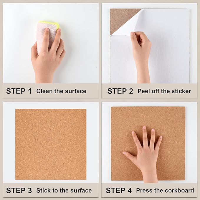6 Pac Self-Adhesive Square Cork Boards for Wall with 100 Push Pins for Bulletin Boards Cork Wall Home School Office Decorative（12"x12"x1/4" ）