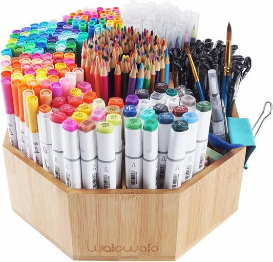 walowalo Bamboo Rotating Art Supply Organizer Holds 800+ Pencils Spinning Crayon Marker Pen Holder for Desk Brush Storage for Office School Classroom Organization Stationary (Larger Version)