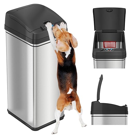 iTouchless 13 Gallon Sensor Trash Can 2.0 – Touchless Lid, Dog-Proof Lock, Odor Filter, Stainless Steel, Battery or Plug-in, for Kitchen, Home, or Office
