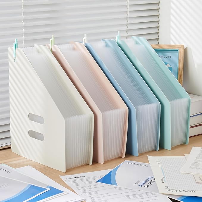 Y YOMA 2 Pack Expanding Magazine Holder with 13 Pockets | Portable Desktop Plastic Self Standing Accordion File Organizer for A4 Letter Size Document Storage Home Office School, Blue