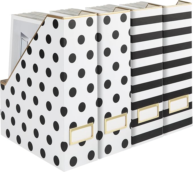 BLU MONACO Set of 4 Stylish Magazine File Boxes - 2 Black and White Stripes and 2 Polka Dots - Office Organization and Storage, Paper Organizer for Desk - Workspace and Classroom Organization
