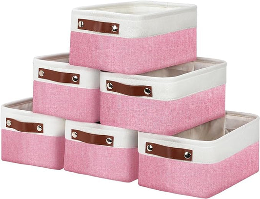 DULLEMELO Small Storage Baskets 6 Pack, Fabric Collapsible Gift Storage Baskets for Shelves, Closets, Nursery, Home, Office Organizing,Small Canvas Linen Rectangular Storage Bins (6-Pack, White&Pink)