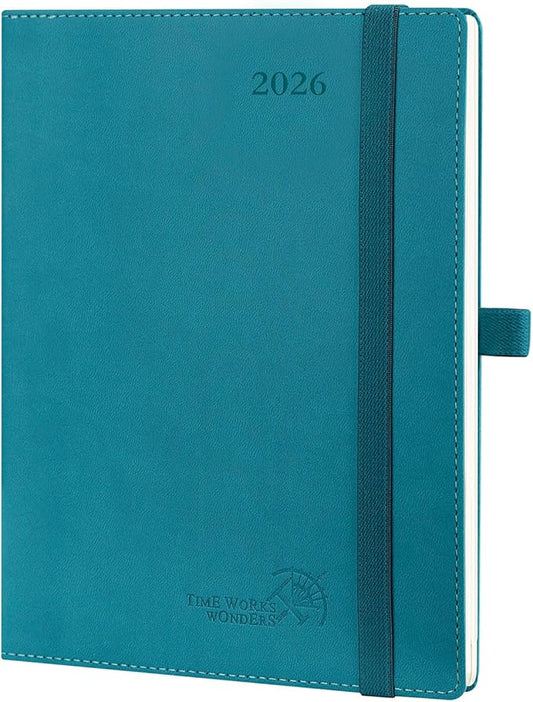 POPRUN 2026 Planner (Medium - 6.5'' x 8.5'') - 2026 Weekly Calendar ((Jan. 2026 - Dec. 2026) with Hourly Time Slots, Weekly/Monthly Appointment Book for Time Management - Leather Soft Cover - Pacific Green