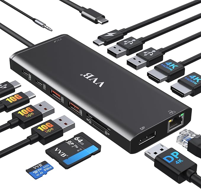 Docking Station Dual Monitor HDMI for Dell/Lenovo/HP Laptop Docking Station USB C Hub Multiport Adapter Dongle Dock USB C to 2 HDMI 4K+DisplayPort+Ethernet+4USB+2USB C+100W PD Charger+SD/TF+Audio