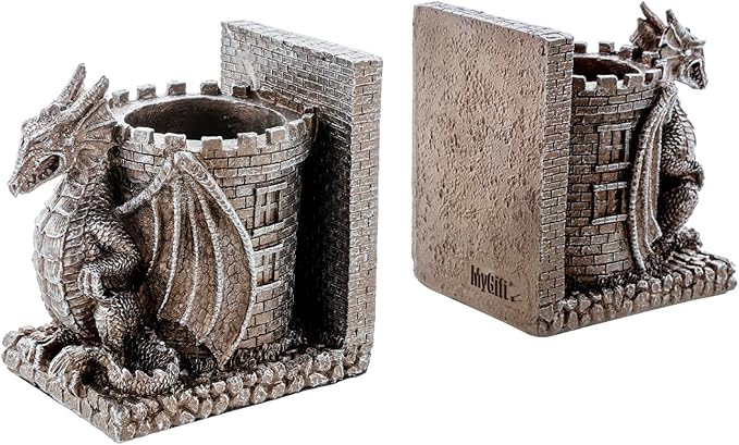 MyGift Gothic Brown Resin Dragon Guarding Castle Pencil Cup Bookends, Office Desk Book Ends with Decorative Fantasy Dragons and Stone Tower Pen Holders, 1 Pair