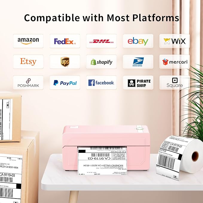 JADENS Bluetooth Thermal Label Printer 4x6, Pink Wireless Shipping Label Printer for Small Business & Packages, Compatible with iOS, Android, Mac, Windows, Amazon, Etsy, Ebay, Shopify