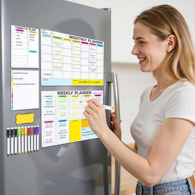 M&G Dry Erase Magnetic Fridge Calendar Set, 4 Pack- Monthly & Weekly & Daily Planner Whiteboard with 10 Markers and Eraser, Chore Chart for Refrigerator Wall Door, Family Schedule Planning Whiteboards