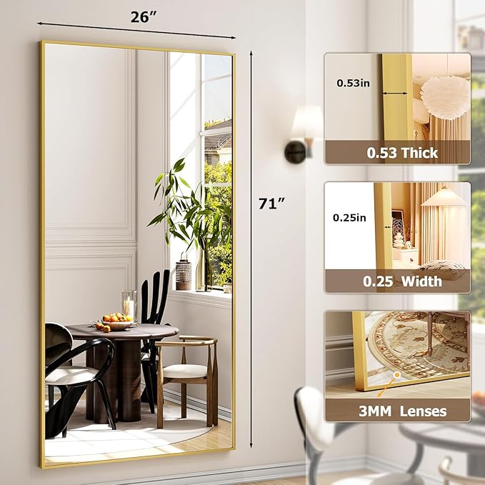 26"x71" Full Length Mirror, Adjustable Standing/Wall Mounted Floor Mirror for Bedroom, Living Room, Entryway, Large Gold Leaning Mirror with Shatterproof Glass