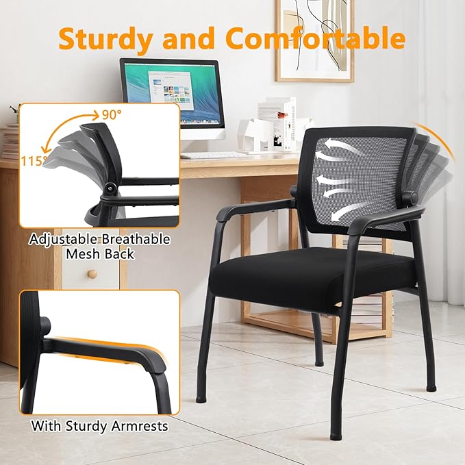 Desk Chair No Wheels with Adjustable Mesh Backrest, Arm Chair with Ergonomic Lumbar Support and Thickened Seats Cushion, Waiting Room Chairs for Office School Church Guest Reception, 2PACK